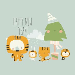 Cute Cartoon Animals celebrating New Year wearing Tiger Costumes