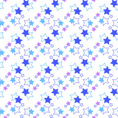 Seamless pattern with blue and lilac stars on a white background. Use for fabric, wrapping paper, wallpaper, print, backdrops, baby clothes, napkins, bags, merchandise, clothing, and artwork.