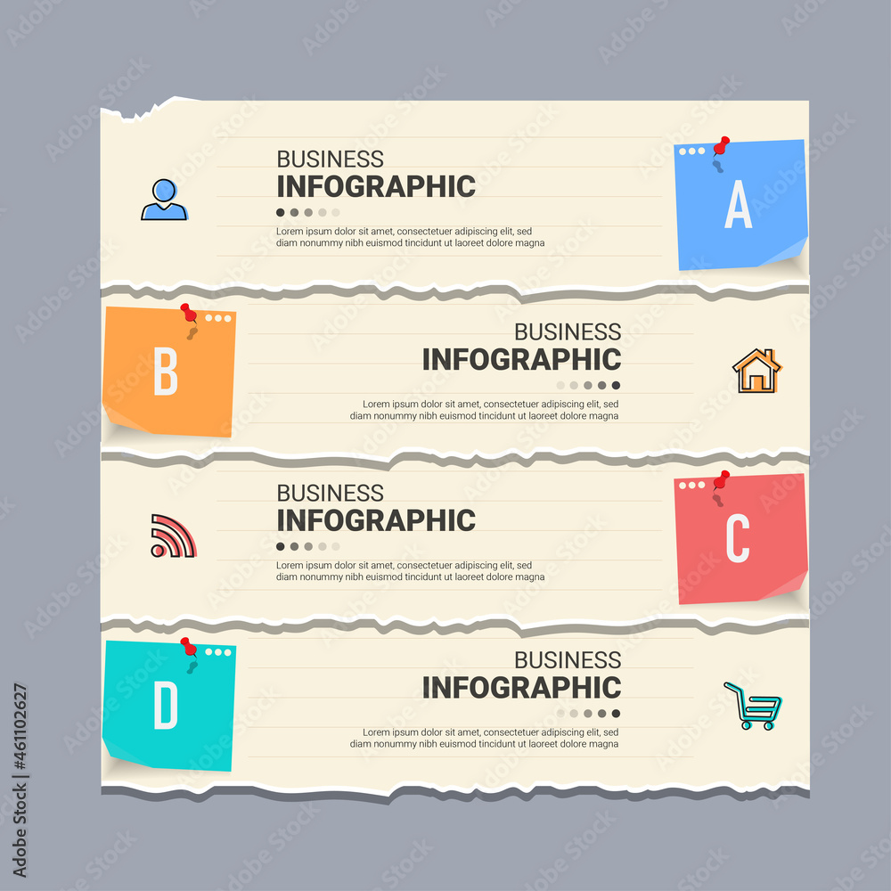 Poster torn paper style infographic with 4 steps. modern banner template vector.
