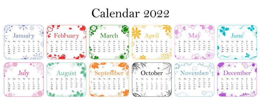 calendar for 2022, colorful and colored calendar for 2022 with flowers, butterflies, gifts, snowflakes, leaves