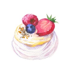 Pavlova cake with cream, blueberry, strawberry, raspberry. Watercolor illustration isolated on white background 