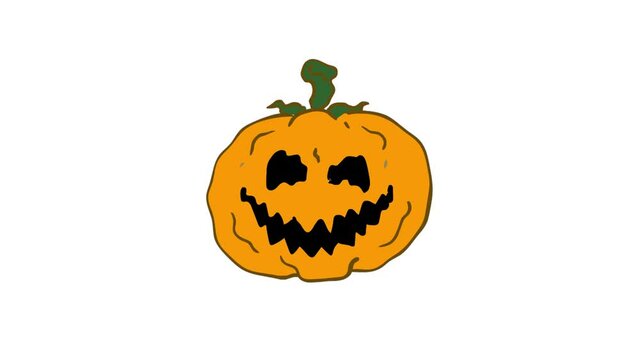 The orange pumpkin changes its face. Cheerful face. Awful look. Halloween holiday. 2D animation. Autumn harvest. Monochrome background.