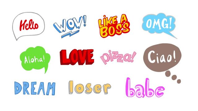 Colored words and phrases. 2D animation. A set of phrases. Drawn font. White background. Isolated.