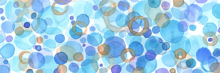 Abstract bubble watercolor painting horizontal background. Texture paper. Blue color.
