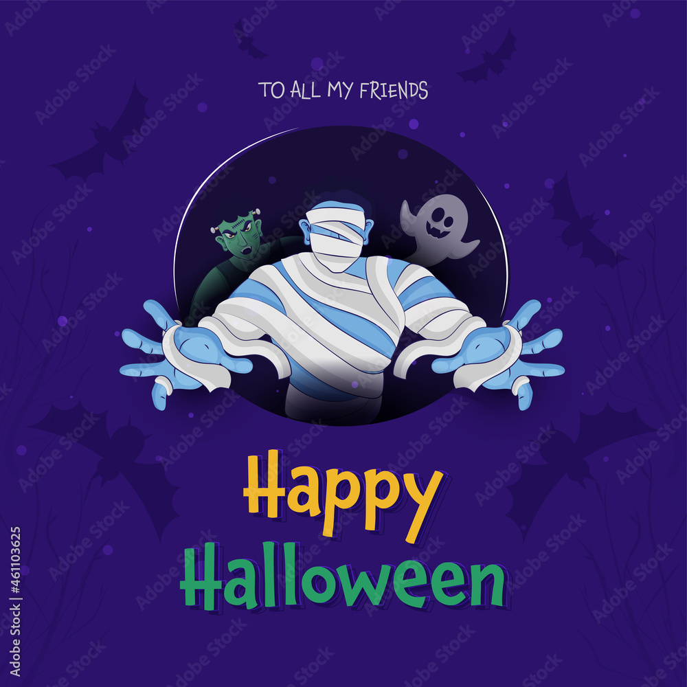 Poster Happy Halloween Poster Design With Cartoon Ghost, Mummy And Zombie Character On Purple Bats Background.