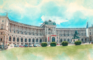 Fototapeta premium Watercolor pattern of Vienna Austria colorful illustration card hofburg