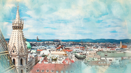 Obraz premium Watercolor pattern of Vienna Austria colorful illustration card cityscape view