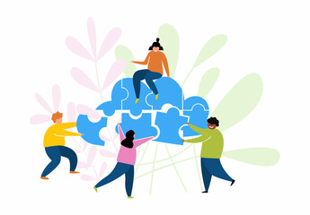 Puzzle or work on different parts of project. Scientific development. Teamwork optimization, process maintenance. Vector character illustration.
