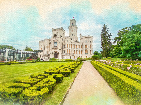 Watercolor pattern of Hluboka Castle colorful illustration