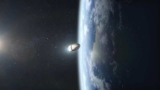 A nuclear hypersonic missile flies over the Earth. View from space. The rocket flies and rotates. Hypersonic weapon. Nuclear war. 4K. 3D Animation.