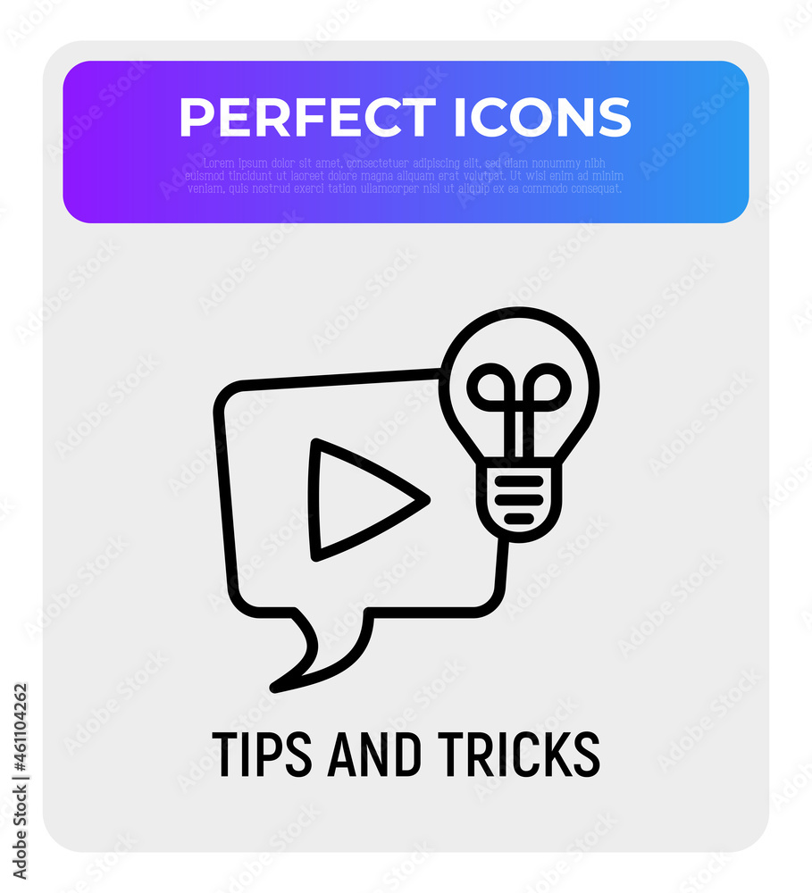Poster tips and tricks thin line icon. video with interesting and helpful ideas: speech bubble with play bu