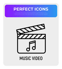 Music video thin line icon: cinema flapper with music note. Modern vector illustration for logo.