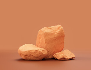 Single color yellow rocks in a flat yellow color background for product displays with copy space, 3d Rendering
