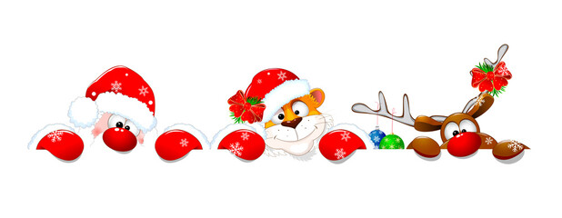 Santa Claus, tiger and deer. Santa Claus, deer and tiger on a white background. Christmas cartoon characters are dressed in a Santa hat and decorated with Christmas decorations