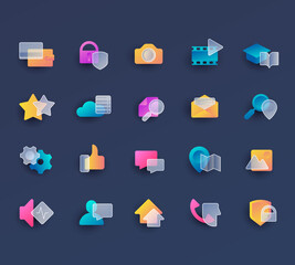Vector set of creative icons with glass effect and vivid gradients for dark background.