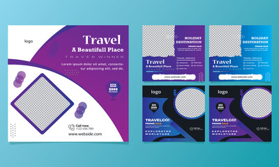 Editable template post for social media ad. Instagram template post. web banner ads for travel promotion .design with blue and yellow color.