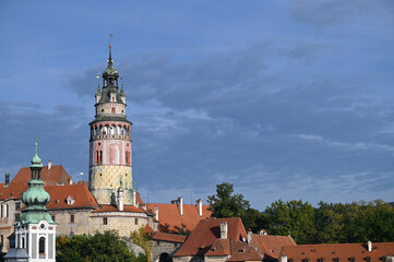 view of church and castle in Cesky Krumlov Czech republic