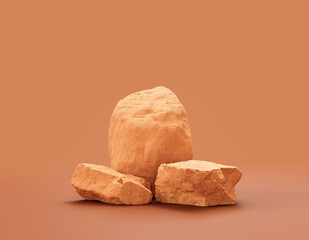 Single color yellow rocks in a flat yellow color background for product displays with copy space, 3d Rendering