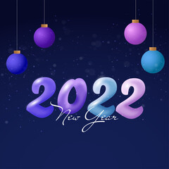 Glossy Gradient 2022 Number And 3D Baubles Hang On Blue Light Effect Background.
