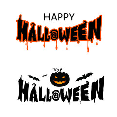 Happy Halloween, black letters with a pumpkin, bats and orange drops on the white background.  Vector illustration. Hand digital lettering for a banner, a poster, a greeting card, an invitation, party