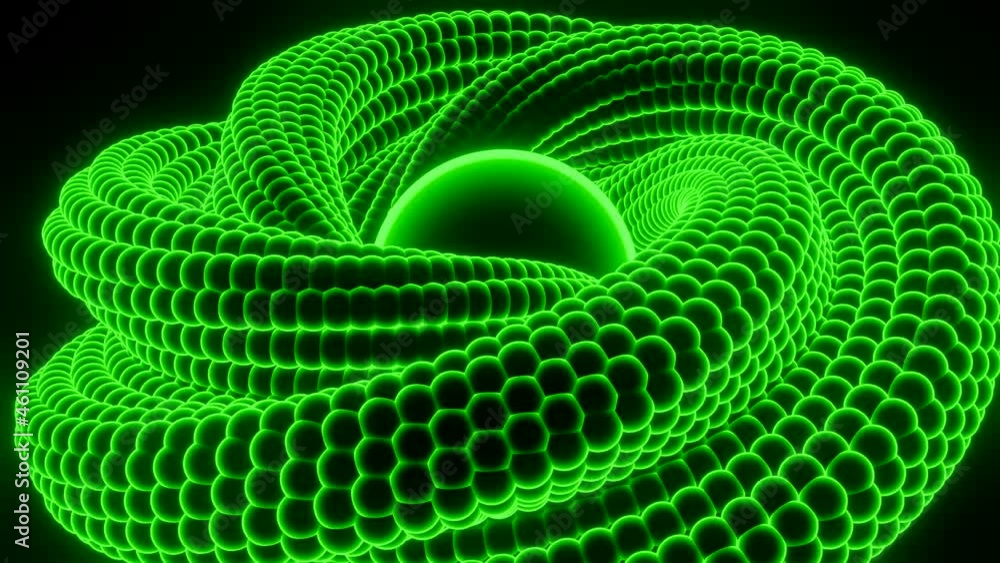 Poster swirling spiral around sphere. design. 3d cord twists endlessly into center. neon spiral swirls arou