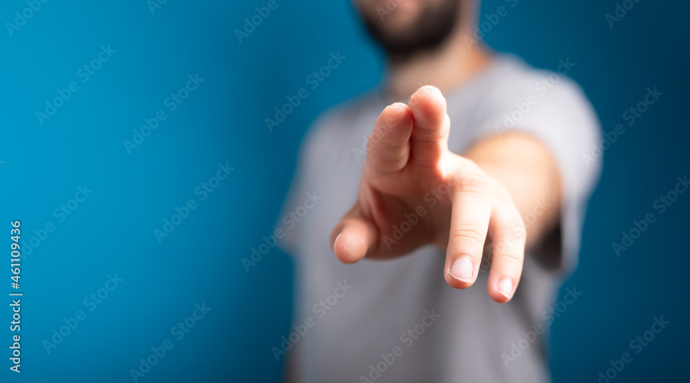 Poster businessman pointing or touching finger in screen..