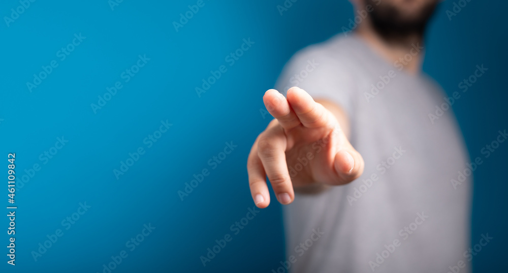 Poster businessman pointing or touching finger in screen..