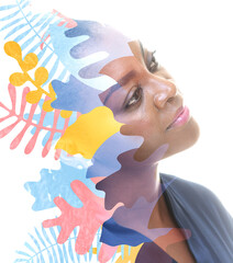 A portrait of an attractive woman combined with digital graphics in a double exposure technique.