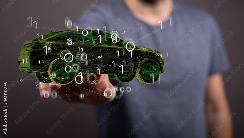 Poster electric car icon from lines, triangles and particle style