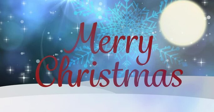 Animation of merry christmas text and snow falling on blue background