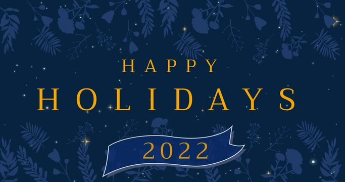 Animation of happy holidays text over flowers, christmas greeting on purple background