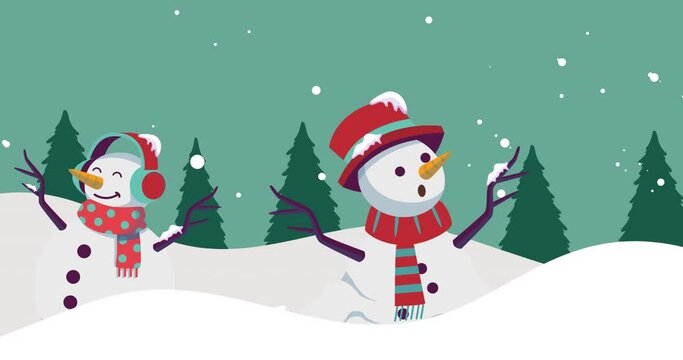 Animation of christmas winter scenery with snowmen and snow falling