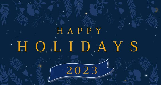 Animation of happy holidays text, christmas greeting over flowers on purple background