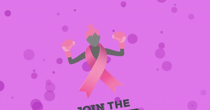 Animation of breast cancer awareness text and pink ribbon with woman silhouette on purple background