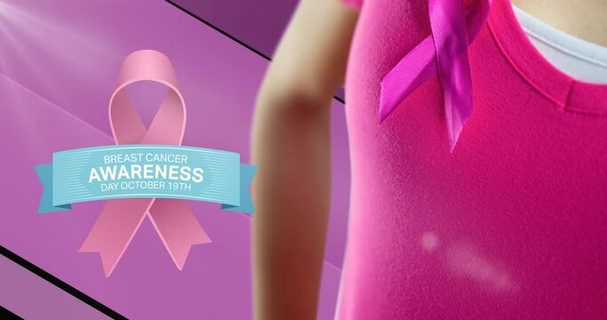Animation of breast cancer awareness day text with pink ribbon and woman in pink t shirt