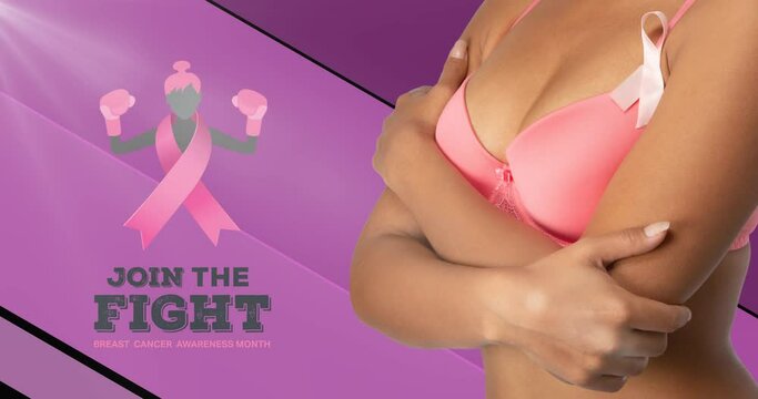 Animation of breast cancer awareness month text with white ribbon on woman in pink bra