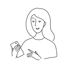 Linear drawing, a woman holding a phone. the person looks at the phone and touches 