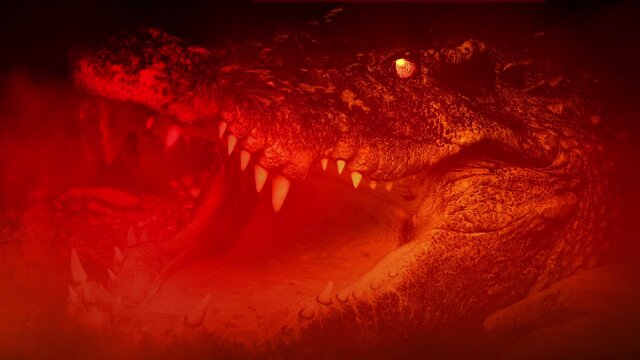 Smoky Red Swamp With Huge Crocodile Opening Mouth