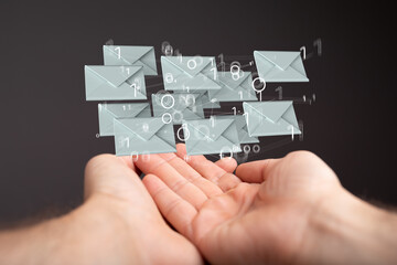 Abstract virtual postal envelopes sketch on blurry office buildings background, e-mail and marketing