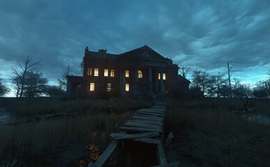 Fototapeta na wymiar Ominously dilapidated and abandoned mansion with illuminated interior lighting at dusk under a cloudy sky. 3D rendering.