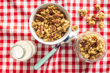 Sweet granola cereals in bowl.