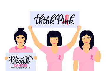 National Breast Cancer Awareness Month. A group of asian women with a pink ribbons