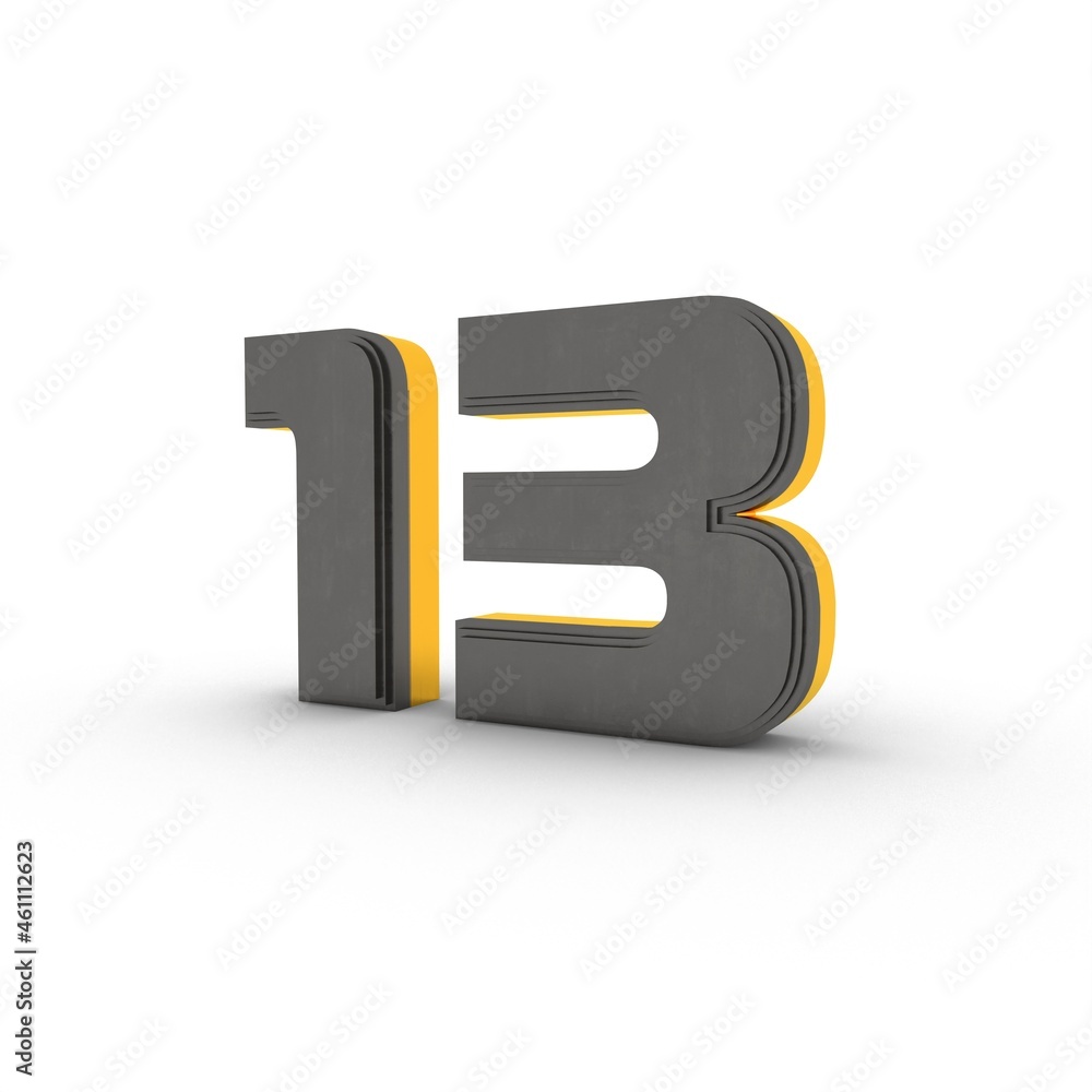 Poster gray-gold 3d number 13 on a white background with a shadow at the bottom. rendering an image.