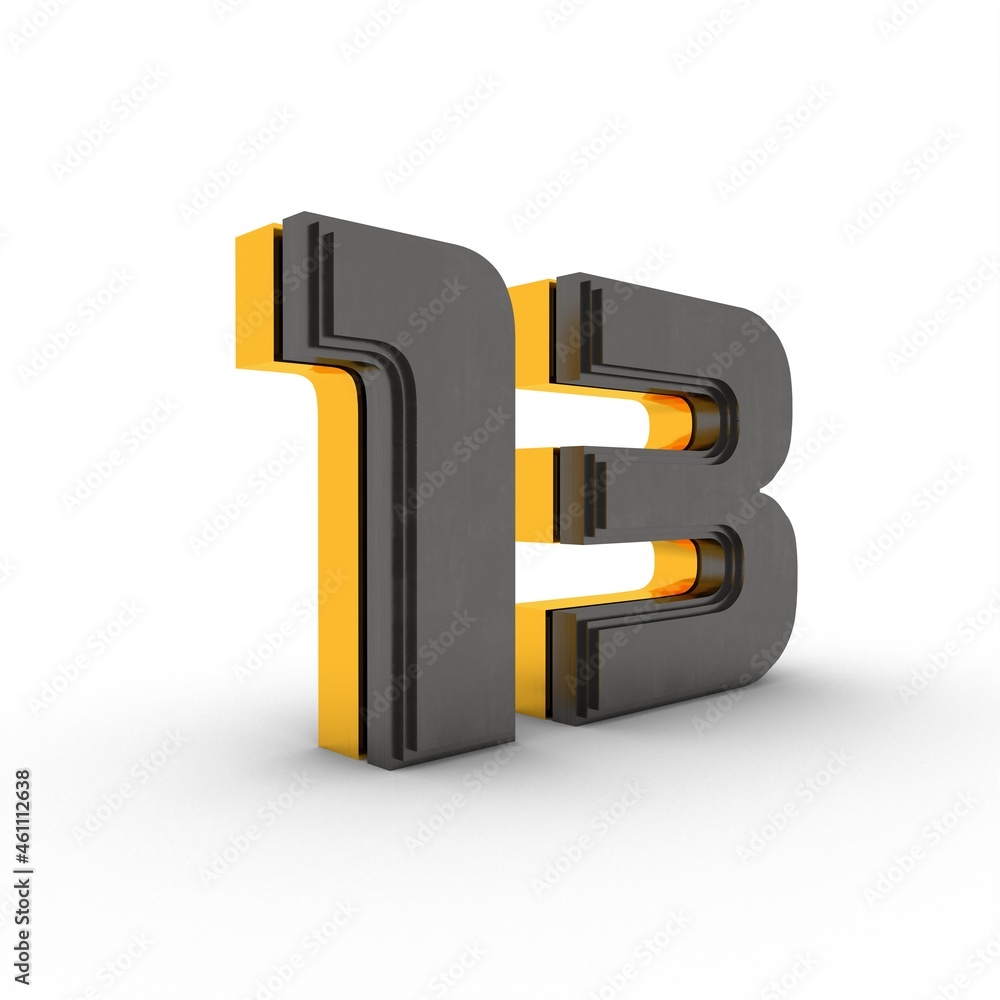 Poster gray-gold 3d number 13 on a white background with a shadow at the bottom. rendering an image.