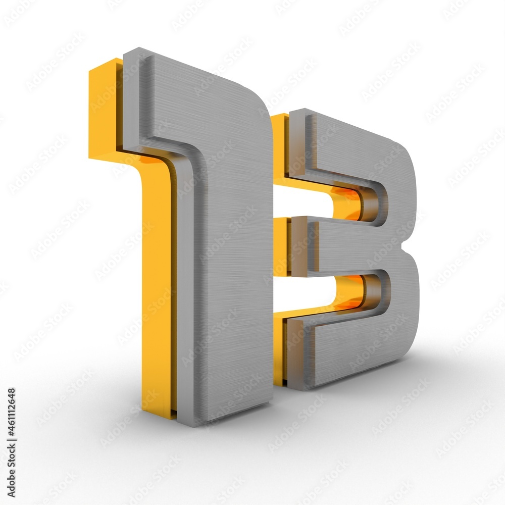 Poster gray-gold 3d number 13 on a white background with a shadow at the bottom. rendering an image.