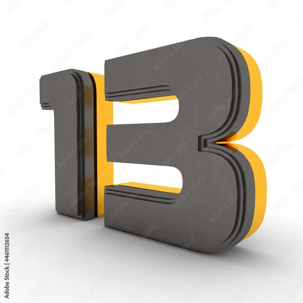 Poster gray-gold 3d number 13 on a white background with a shadow at the bottom. rendering an image.