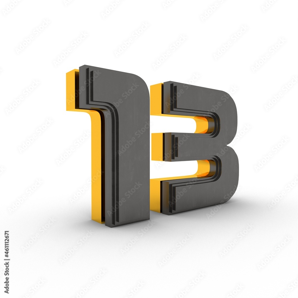 Poster gray-gold 3d number 13 on a white background with a shadow at the bottom. rendering an image.