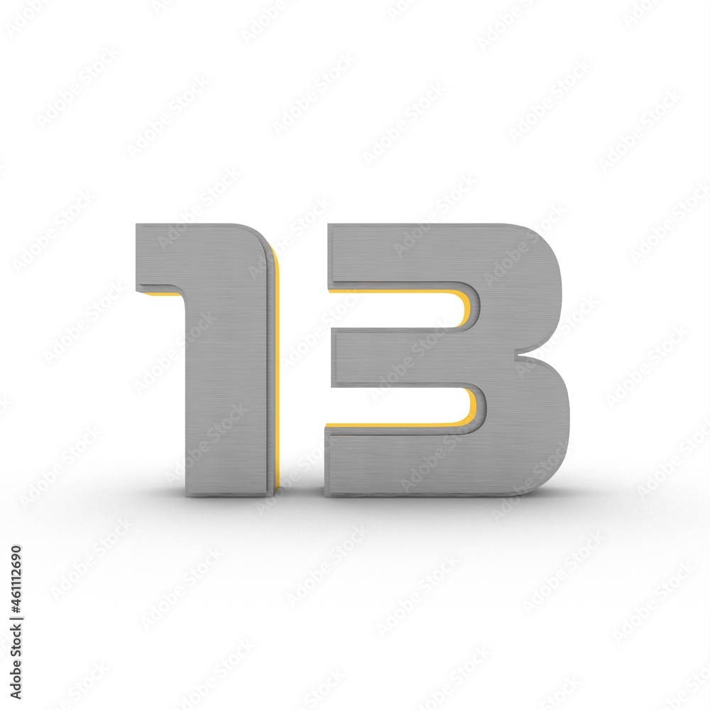 Poster gray-gold 3d number 13 on a white background with a shadow at the bottom. rendering an image.