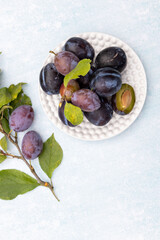 Plate with ripe plums and a branch with plums on a white plate and blue background, autumn .