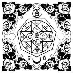 magical alchemical seal with frame of flowers